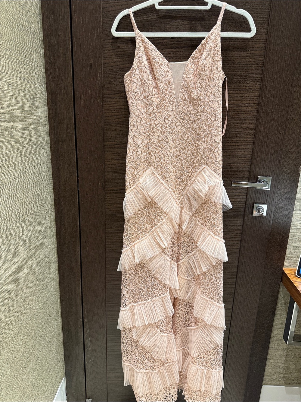 BCBGMaxAzria Blush Pink Lace Ruffle Maxi Dress